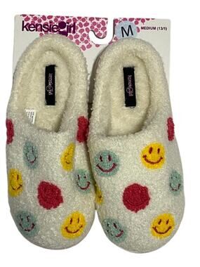 Kensie Girls Smiley Face Fuzzy Slippers Kids Size M 13 1 Cozy House Shoes New